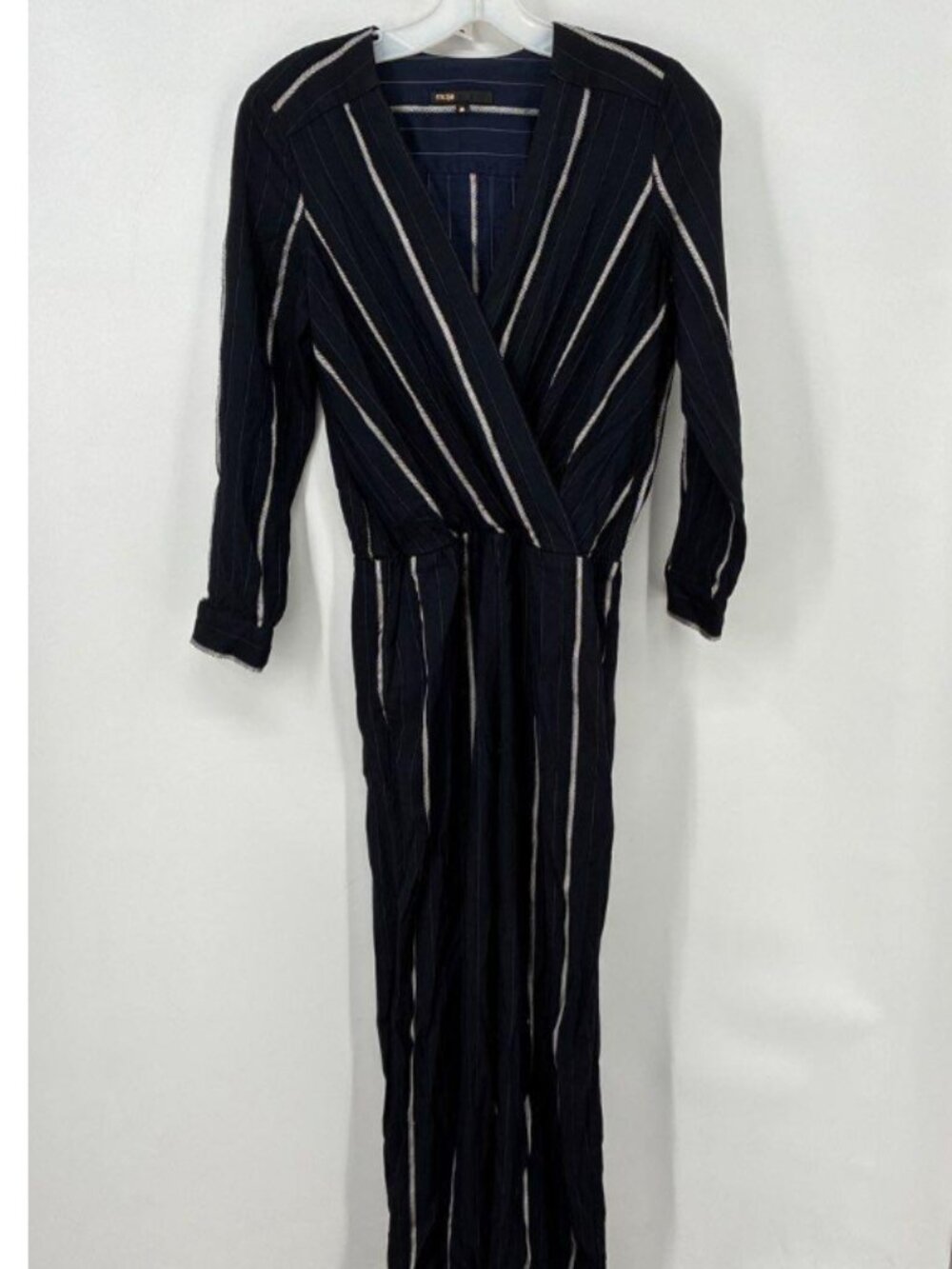 Maje Panti Navy Blue White Pinstripe Surplice Long Sleeve Jumpsuit Size 36/US S